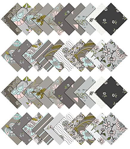 Soimoi Florals Print Precut 5-inch Cotton Fabric Quilting Squares Charm Pack DIY Patchwork Sewing Craft- Light Gray