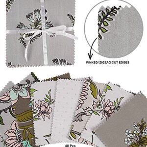 Soimoi Florals Print Precut 5-inch Cotton Fabric Quilting Squares Charm Pack DIY Patchwork Sewing Craft- Light Gray