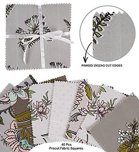 Soimoi Florals Print Precut 5-inch Cotton Fabric Quilting Squares Charm Pack DIY Patchwork Sewing Craft- Light Gray