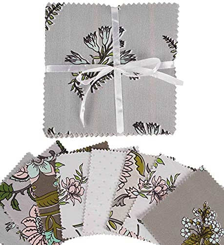 Soimoi Florals Print Precut 5-inch Cotton Fabric Quilting Squares Charm Pack DIY Patchwork Sewing Craft- Light Gray