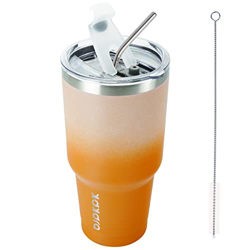 BJPKPK 30oz Stainless Steel Vacuum Insulated Tumbler Set Double Wall Travel Mug Coffee Cup with Metal Straws, Splash-Proof Lids,Coral