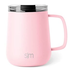 simple modern travel coffee mug with lid and handle | reusable insulated stainless steel cold brew iced coffee tumbler and tea cup | voyager collection | 10oz | blush