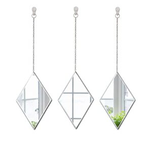 lyldacer yanliff diamond shape decorative wall mirror.set of 3,hanging chain frameless mirror. 8x13inches,small decor mirror.