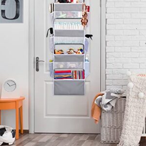 ULG Over Door Organizer with 4 Large Pockets 6 Mesh Side Pockets, 33 lbs Weight Capacity Hanging Storage Organizer with Clear Window for Bedroom Nursery, Baby Kids Toys, Diapers, Light Grey (1 Pack)