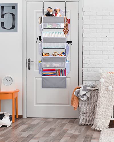 ULG Over Door Organizer with 4 Large Pockets 6 Mesh Side Pockets, 33 lbs Weight Capacity Hanging Storage Organizer with Clear Window for Bedroom Nursery, Baby Kids Toys, Diapers, Light Grey (1 Pack)