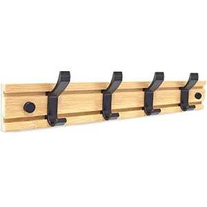 Coat Rack Wall Mounted ,Wooden Board Coat Rack with 4 Movable Coat Hooks, Heavy Duty Coat Metal Hooks Rail for Coat Hat Towel Purse Robes Bathroom Entryway (Natural)