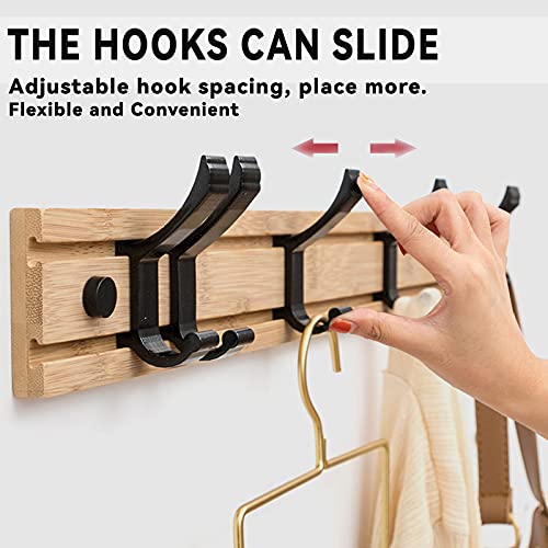 Coat Rack Wall Mounted ,Wooden Board Coat Rack with 4 Movable Coat Hooks, Heavy Duty Coat Metal Hooks Rail for Coat Hat Towel Purse Robes Bathroom Entryway (Natural)