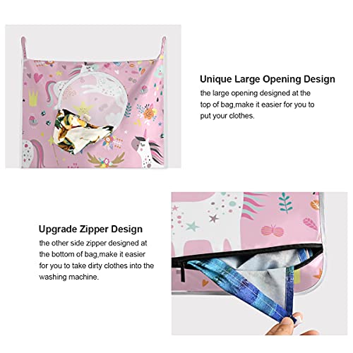 hengpai Kids Cute Hanging Laundry Hamper Bag Dirty Clothes Bag Basket Fabric Wash Bag with Door Wall Hooks,Childish White Unicorns Pink Flower