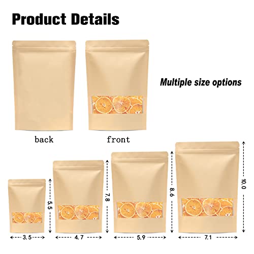 DMPACKDM 100Pcs Small Kraft Stand Up Pouch Bags, 3.5x5.5 Inches Kraft Stand Up Pouches with Window,Resealable Zip Lock, Heat-Sealable,Suitable for Home or Business