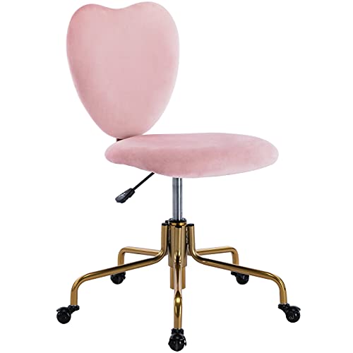 Wahson Velvet Upholstered Cute Home Office Desk Chair Armless, Modern Comfy Office Swivel Fabric Vanity Makeup Chair with Heart Shape Back, for Living Room, Bedroom, Rose Pink