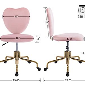 Wahson Velvet Upholstered Cute Home Office Desk Chair Armless, Modern Comfy Office Swivel Fabric Vanity Makeup Chair with Heart Shape Back, for Living Room, Bedroom, Rose Pink