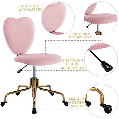 Wahson Velvet Upholstered Cute Home Office Desk Chair Armless, Modern Comfy Office Swivel Fabric Vanity Makeup Chair with Heart Shape Back, for Living Room, Bedroom, Rose Pink