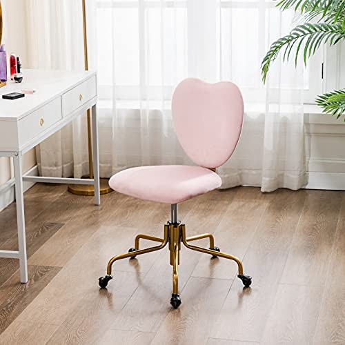 Wahson Velvet Upholstered Cute Home Office Desk Chair Armless, Modern Comfy Office Swivel Fabric Vanity Makeup Chair with Heart Shape Back, for Living Room, Bedroom, Rose Pink