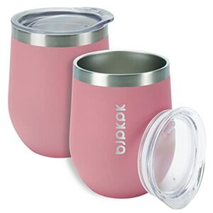 bjpkpk 2 pcs 12oz insulated wine tumbler, 12oz insulated wine tumbler with lid,unbreakable stainless steel wine glasses, insulated tumbler for home & outdoor, light pink