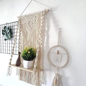 XIAOHESHOP Macrame Wall Hanging Shelf, Wood Hanging Shelf Organizer Hanger, Rope Plant Hanger Holder Rope Plant Hanger,Handmade Boho Home Wall Decor