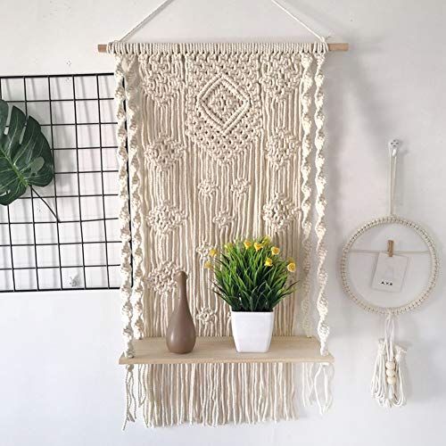 XIAOHESHOP Macrame Wall Hanging Shelf, Wood Hanging Shelf Organizer Hanger, Rope Plant Hanger Holder Rope Plant Hanger,Handmade Boho Home Wall Decor