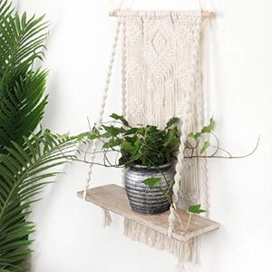 XIAOHESHOP Macrame Wall Hanging Shelf, Wood Hanging Shelf Organizer Hanger, Rope Plant Hanger Holder Rope Plant Hanger,Handmade Boho Home Wall Decor