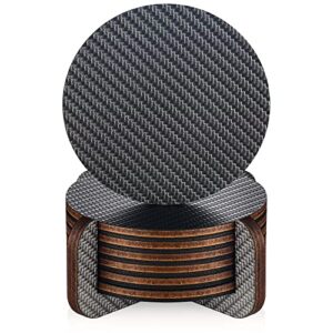 modern coasters for drinks| premium carbon & wood coaster | unique geometric design | protects wooden table | unique gift in luxury gift box (carbon round with holder)