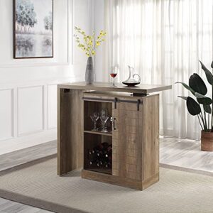Knocbel Industrial Swivel Bar Table Storage Cabinet with 6-Bottle Wine Holder, Sliding Barn Door and Compartments, Kitchen Dining Room Buffet Sideboard, 110lbs Weight Capacity (Rustic Oak)