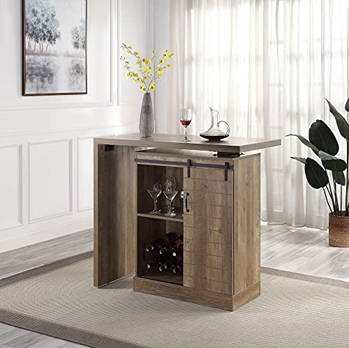 Knocbel Industrial Swivel Bar Table Storage Cabinet with 6-Bottle Wine Holder, Sliding Barn Door and Compartments, Kitchen Dining Room Buffet Sideboard, 110lbs Weight Capacity (Rustic Oak)