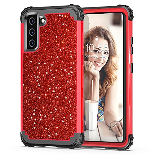 Hekodonk for S21 Plus + 5G Case 3D Luxury Heavy Duty Shockproof Protection Hard Plastic+Silicone Rubber Hybrid Protective Case for Samsung Galaxy S21 Plus + 5G Bling Red