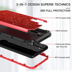 Hekodonk for S21 Plus + 5G Case 3D Luxury Heavy Duty Shockproof Protection Hard Plastic+Silicone Rubber Hybrid Protective Case for Samsung Galaxy S21 Plus + 5G Bling Red