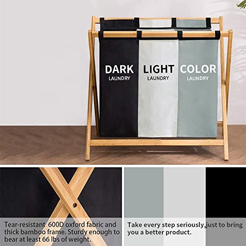 Large Laundry Hamper Sorter 3 Section,143L Waterproof Laundry Hamper Basket with 3 Compartments,Triple Divided Laundry Organizer with Sturdy Bamboo Frame for Dirty Clothes in Home,(White+Grey+Black)