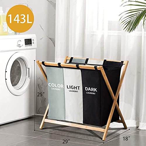 Large Laundry Hamper Sorter 3 Section,143L Waterproof Laundry Hamper Basket with 3 Compartments,Triple Divided Laundry Organizer with Sturdy Bamboo Frame for Dirty Clothes in Home,(White+Grey+Black)