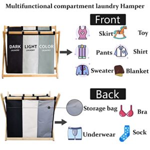 Large Laundry Hamper Sorter 3 Section,143L Waterproof Laundry Hamper Basket with 3 Compartments,Triple Divided Laundry Organizer with Sturdy Bamboo Frame for Dirty Clothes in Home,(White+Grey+Black)