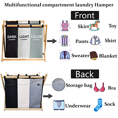 Large Laundry Hamper Sorter 3 Section,143L Waterproof Laundry Hamper Basket with 3 Compartments,Triple Divided Laundry Organizer with Sturdy Bamboo Frame for Dirty Clothes in Home,(White+Grey+Black)