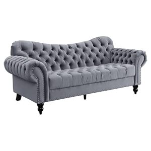 pemberly row 84" velvet roll arm sofa with tufted nailhead upholstery, 3 seater fabric couch furniture for home living room, dark gray