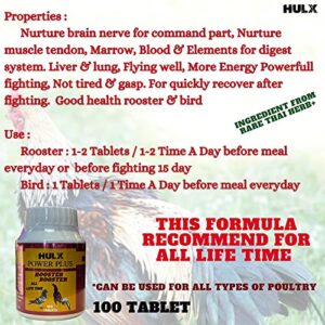 HULX POWER PLUS 100 TABLETS, Fast Increasing Energy Formula Rooster Booster Vitamins Health Chicken Supplement for Good Health, Build Muscle, Blood, Power Feed Poultry Bird Fighting Gamecocks Hen Food