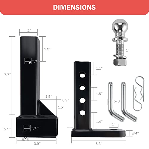 OPENROAD Adjustable Trailer Hitch Ball Mount Fits 2-Inch Receiver, 2’’ Ball 6000LBS, 6 1/4" Drop/ 7 1/2" Rise Drop Hitch, Tow Hitch for Heavy Duty Truck with Stainless Steel Pins