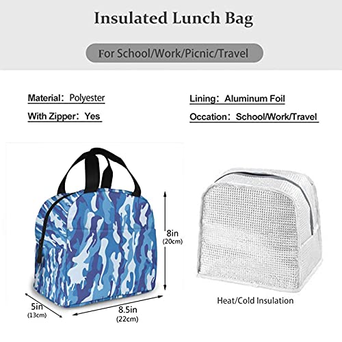 Blue Camo Lunch Bag for Men Women Insulated Cooler Tote Reusable Lunchbox with Front Pocket Large Containers Work Picnic Fishing