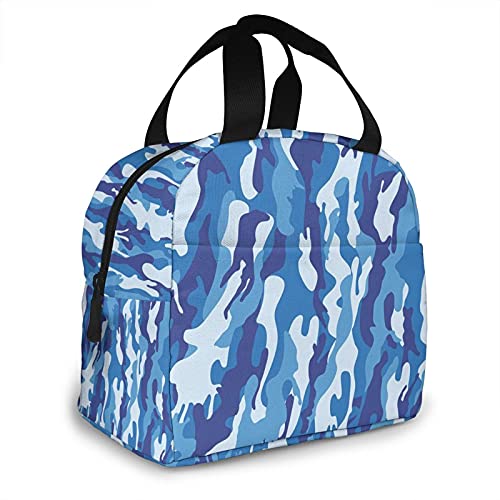 Blue Camo Lunch Bag for Men Women Insulated Cooler Tote Reusable Lunchbox with Front Pocket Large Containers Work Picnic Fishing