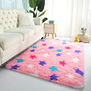 st. bridge soft shag rug for girls bedroom, fluffy bedroom carpet for princess castle baby toddlers kids room decor, anti-skid fuzzy cute nursery mats living room dorm plush carpet, pink 3 x 5 feet