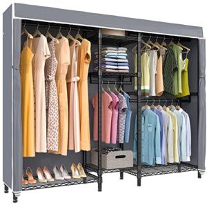 vipek v6c heavy duty covered clothes rack portable wardrobe closet, 5 tiers wire garment rack black metal clothing rack with grey oxford fabric cover, 75.6" l x 18.5" w x 76.8" h, max load 780 lbs