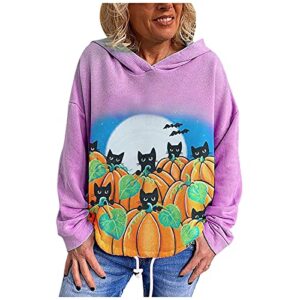 halloween hooded pullover for women loose cute pumpkin cat graphic tops casual daily hoodie blouse top pink