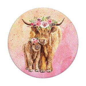 Cute Scottish Highland Cow Calf For Mom Animal Lover Retro PopSockets Swappable PopGrip