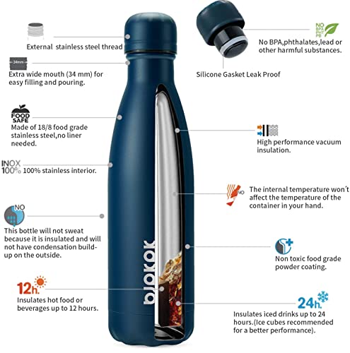 BJPKPK Insulated Water Bottles -17oz/500ml -Stainless Steel Water bottles,Sports water bottles Keep cold for 24 Hours and hot for 12 Hours,water bottles for School-Navy blue