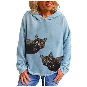 Womens Long Sleeve Hoodie Simple Cat Printed Pullover Tops Casual Loose Drawstring Hooded Shirts Blue