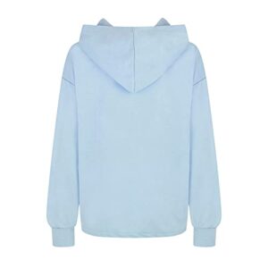 Womens Long Sleeve Hoodie Simple Cat Printed Pullover Tops Casual Loose Drawstring Hooded Shirts Blue