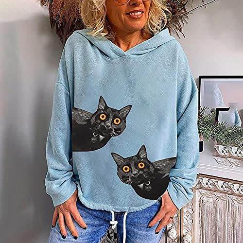 Womens Long Sleeve Hoodie Simple Cat Printed Pullover Tops Casual Loose Drawstring Hooded Shirts Blue