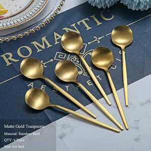 Matt Gold Teaspoons 6 Piece, 6.6'' Spoons Silverware, Stainless Steel Small Spoons, Tea Spoons for Home, Kitchen or Restaurant, Dishwasher Safe (Matt Gold-6.6 Inches)