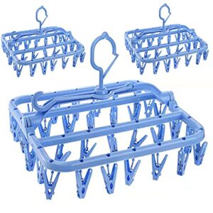 zenfun 3 pack foldable laundry hanger drying rack with 32 clips, plastic laundry clips and drip drying hanger for socks, underwears, towel, scarf, side hanging, anti-wind, blue