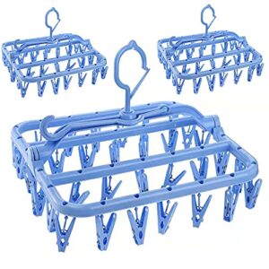 ZENFUN 3 Pack Foldable Laundry Hanger Drying Rack with 32 Clips, Plastic Laundry Clips and Drip Drying Hanger for Socks, Underwears, Towel, Scarf, Side Hanging, Anti-Wind, Blue