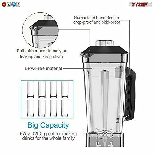 5 Core 2L Professional Countertop Blender For Kitchen 68 Oz 2000W High Speed BPA Free 6 Titanium Blade Smoothie Blender Electric For Soup Shake Juice Multi-Speed Manual JB 2000 M