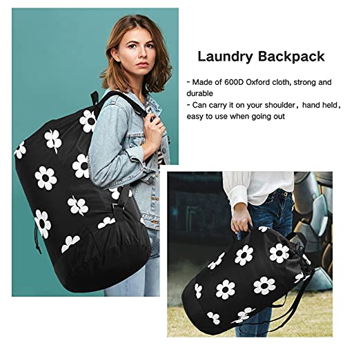 xigua Cute White Daisy Flowers Laundry Bag Drawstring Closure Waterproof Durable Backpack Storage Basket Organization Dirty Clothes Bag Laundry Hamper with Shoulder Straps