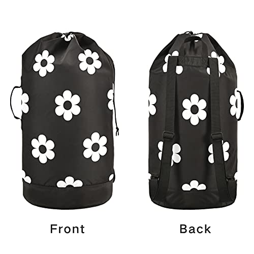 xigua Cute White Daisy Flowers Laundry Bag Drawstring Closure Waterproof Durable Backpack Storage Basket Organization Dirty Clothes Bag Laundry Hamper with Shoulder Straps