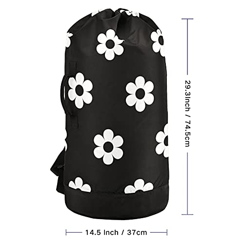 xigua Cute White Daisy Flowers Laundry Bag Drawstring Closure Waterproof Durable Backpack Storage Basket Organization Dirty Clothes Bag Laundry Hamper with Shoulder Straps